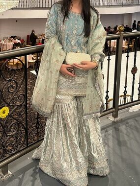 Salwar Kameez Mint Blue Embroidered Sharara Set - Salwar Kameez